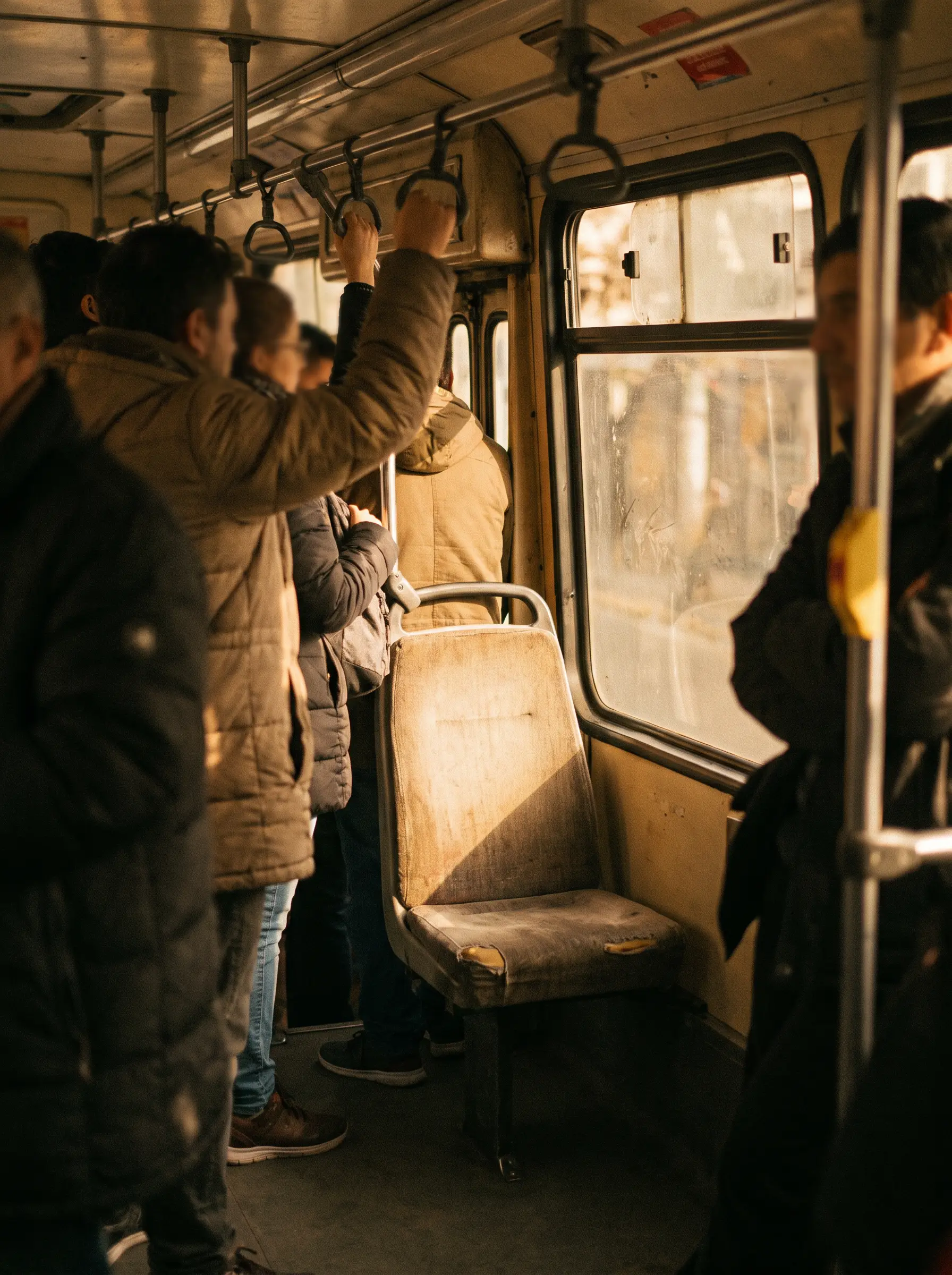 Interior de un colectivo porteño a contraluz: un asiento prioritario vacío iluminado por el sol de la tarde, rodeado de pasajeros parados.
