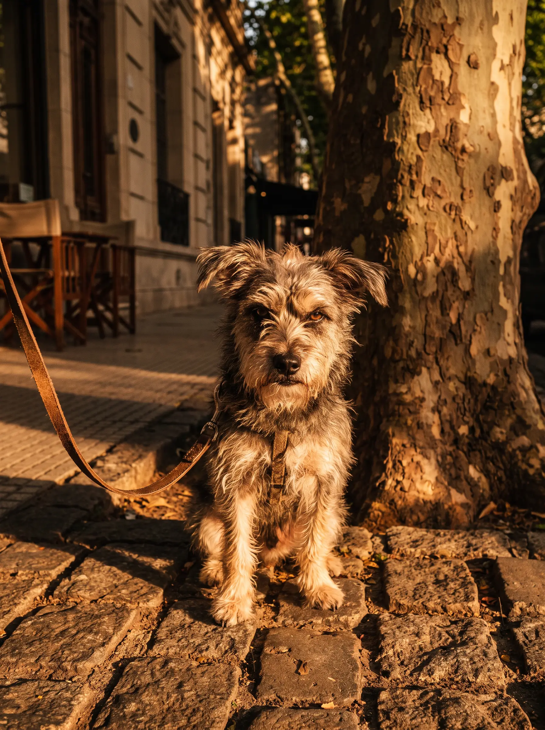 Un perro mestizo sentado junto a un plátano en una vereda empedrada de Buenos Aires, mirando a cámara con cara de juez.